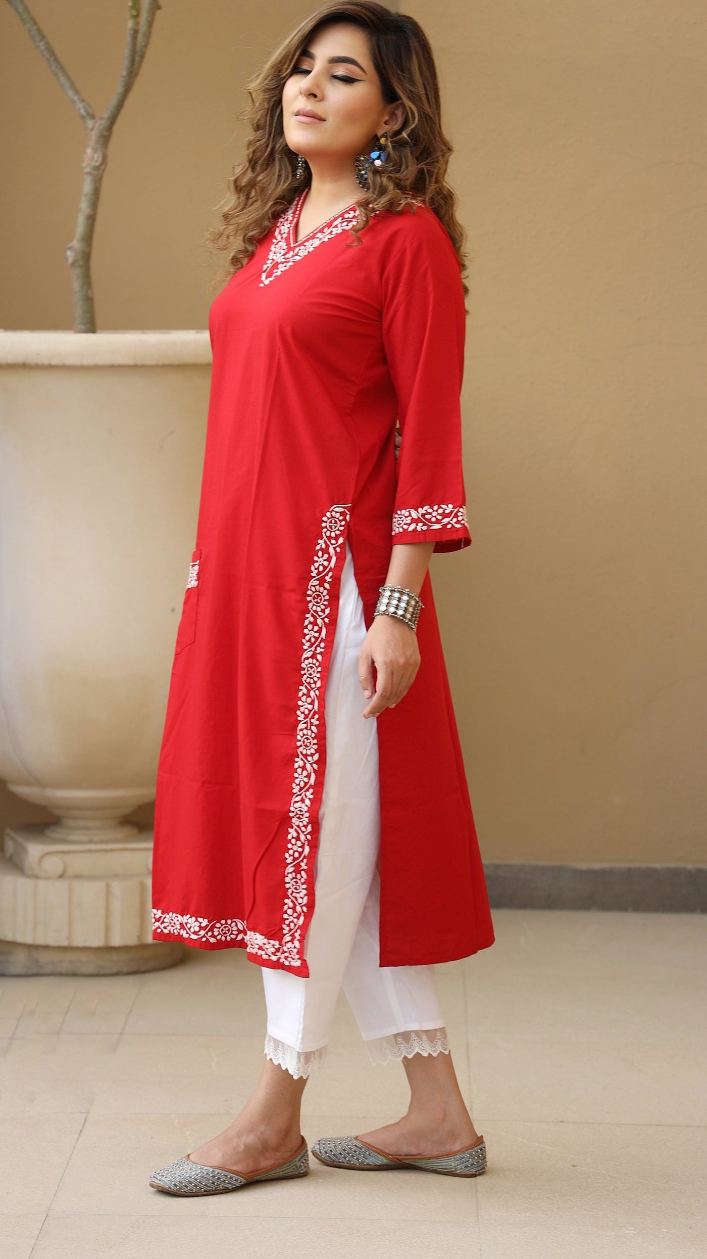 Pocket Style Red  Rayon Chikankari Kurta-Custom Made