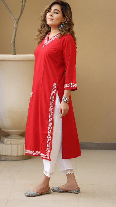 Pocket style Red  Modal Chikankari kurta