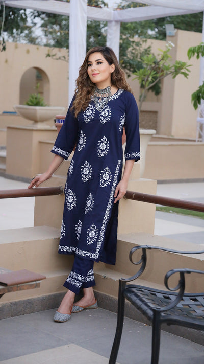 Navy Blue Floral Modal Chikankari Set