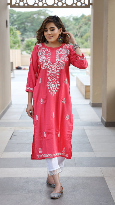 Peach Rayon Chikankari Kurta- Custom Made