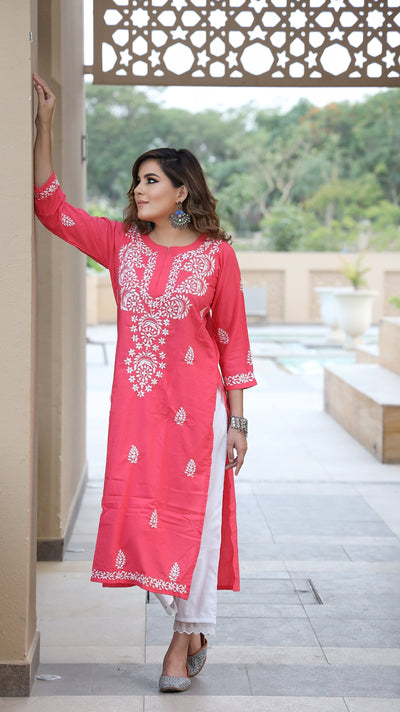 Peach Rayon Chikankari Kurta- Custom Made