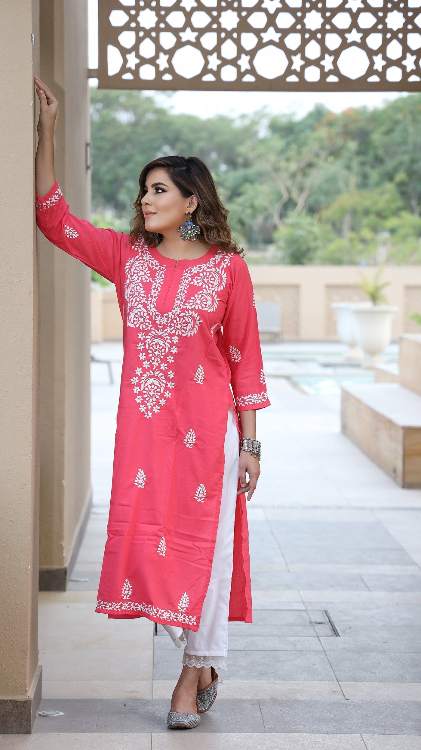 Peach Reyon  Chikankari Kurta