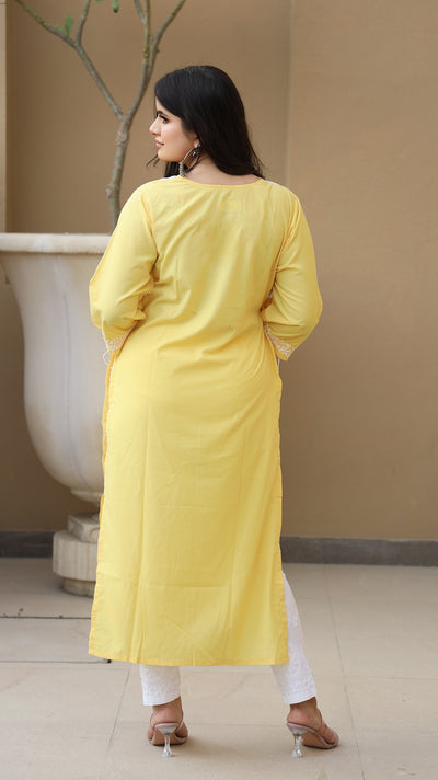 Pocket style  Yellow Modal Chikankari kurta