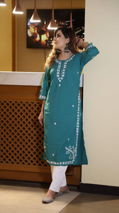 Teal Modal Chikankari kurta