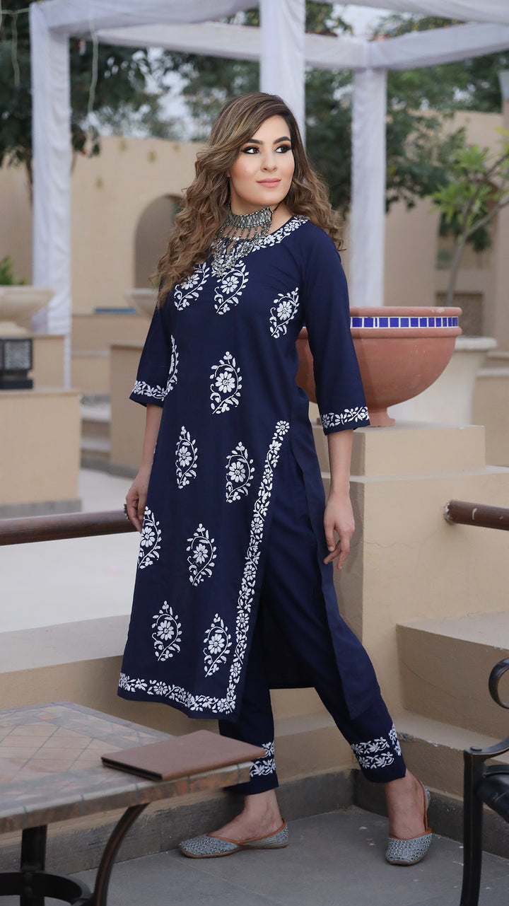 Navy Blue Floral Modal Chikankari Kurta Pant Set