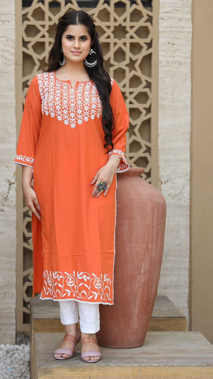 Orange Reyon Chikankari Kurta