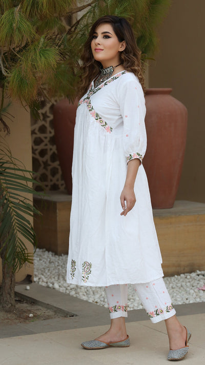 White Linen Cotton Chikankari Set