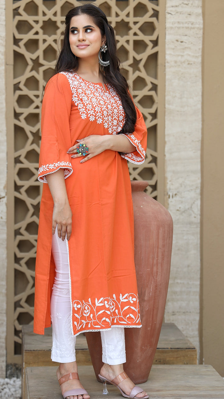 Orange Reyon Chikankari Kurta