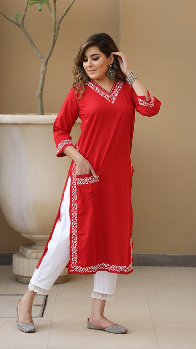 Pocket Style Red  Rayon Chikankari Kurta-Custom Made