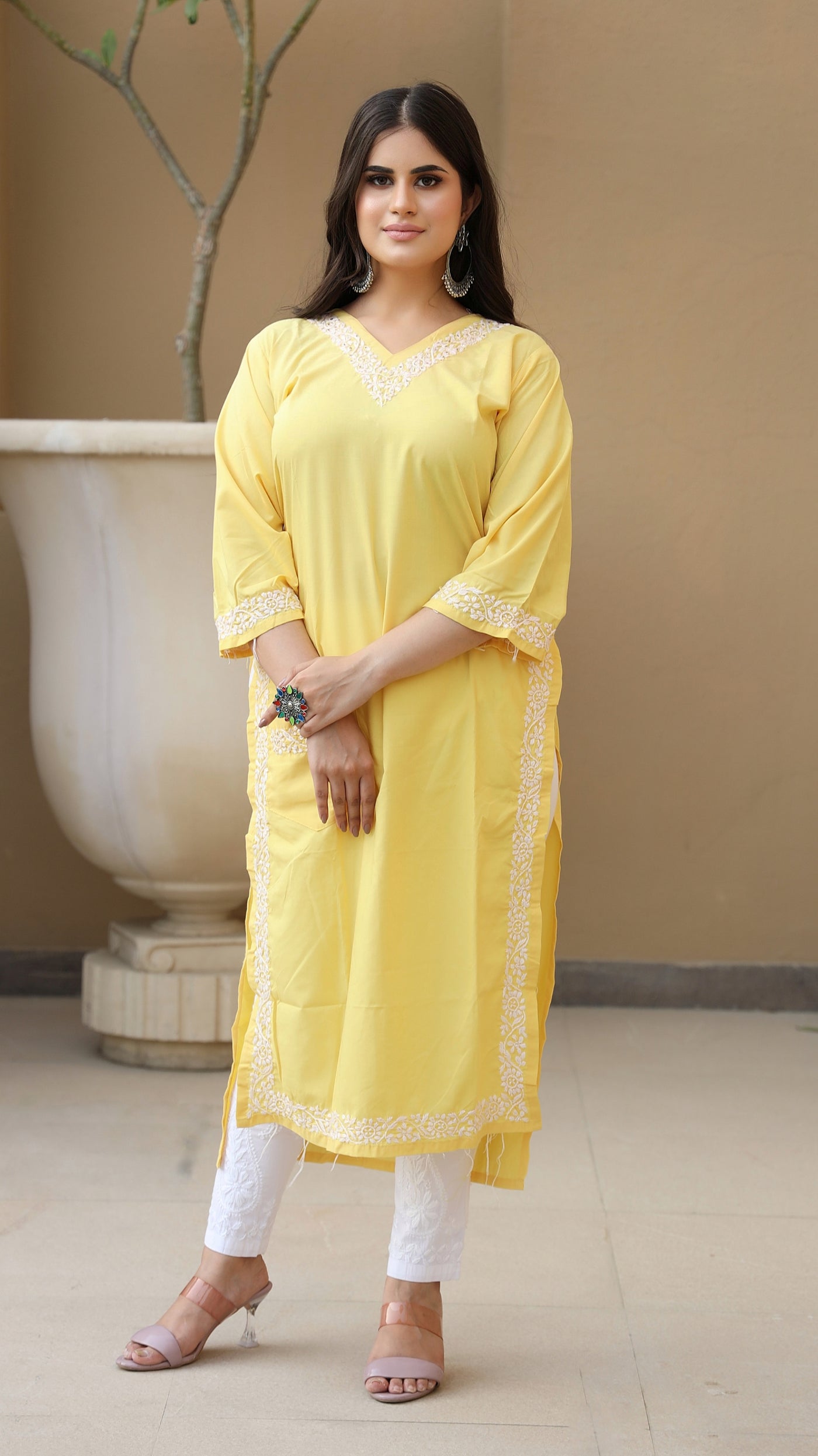 Pocket style Rayon Chikankari kurta- Yellow - Custom made