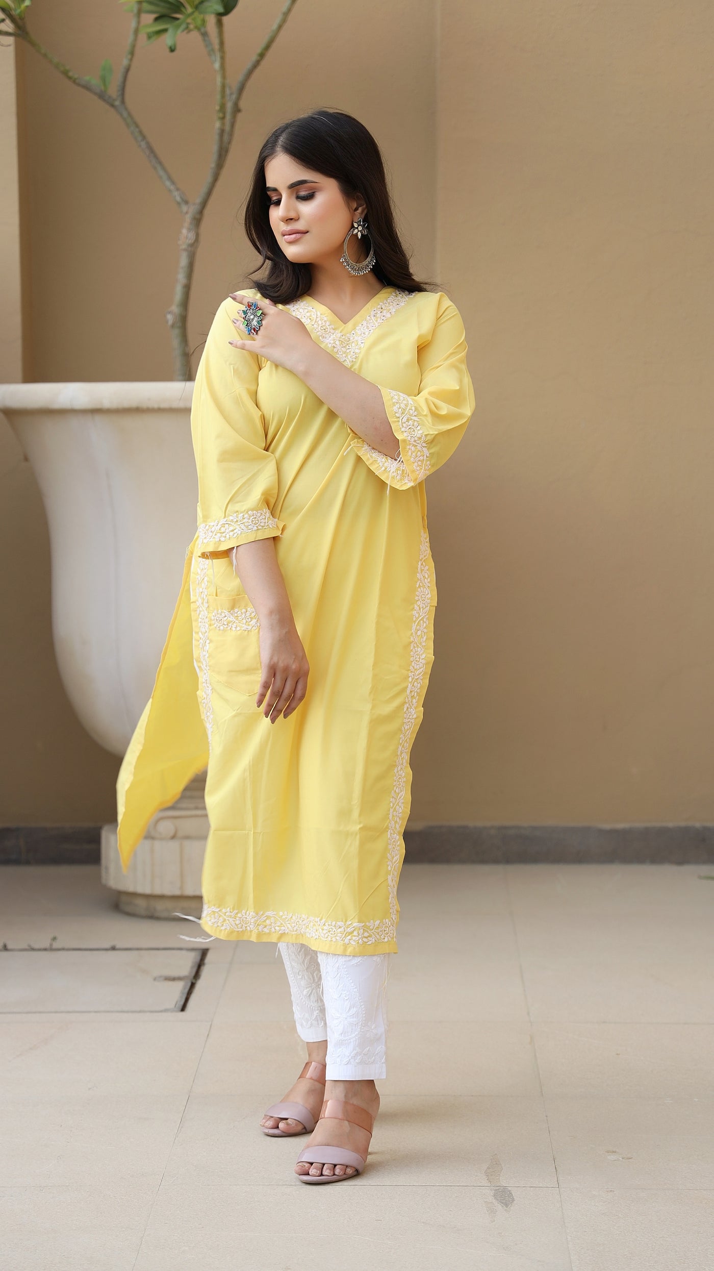 Pocket style Rayon Chikankari kurta- Yellow - Custom made