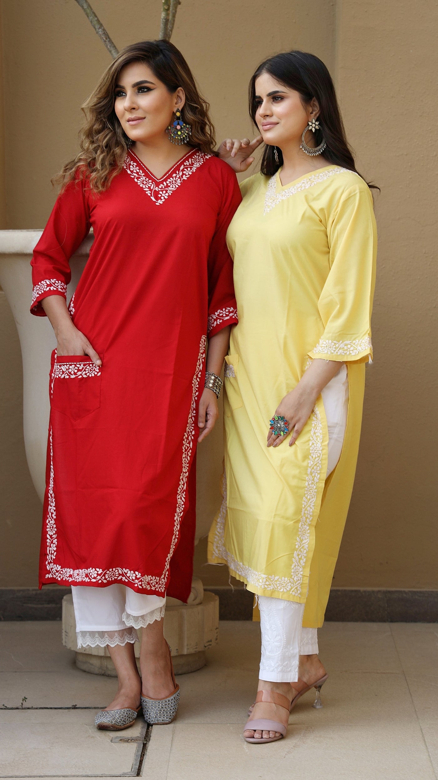 Pocket style  Yellow Modal Chikankari kurta