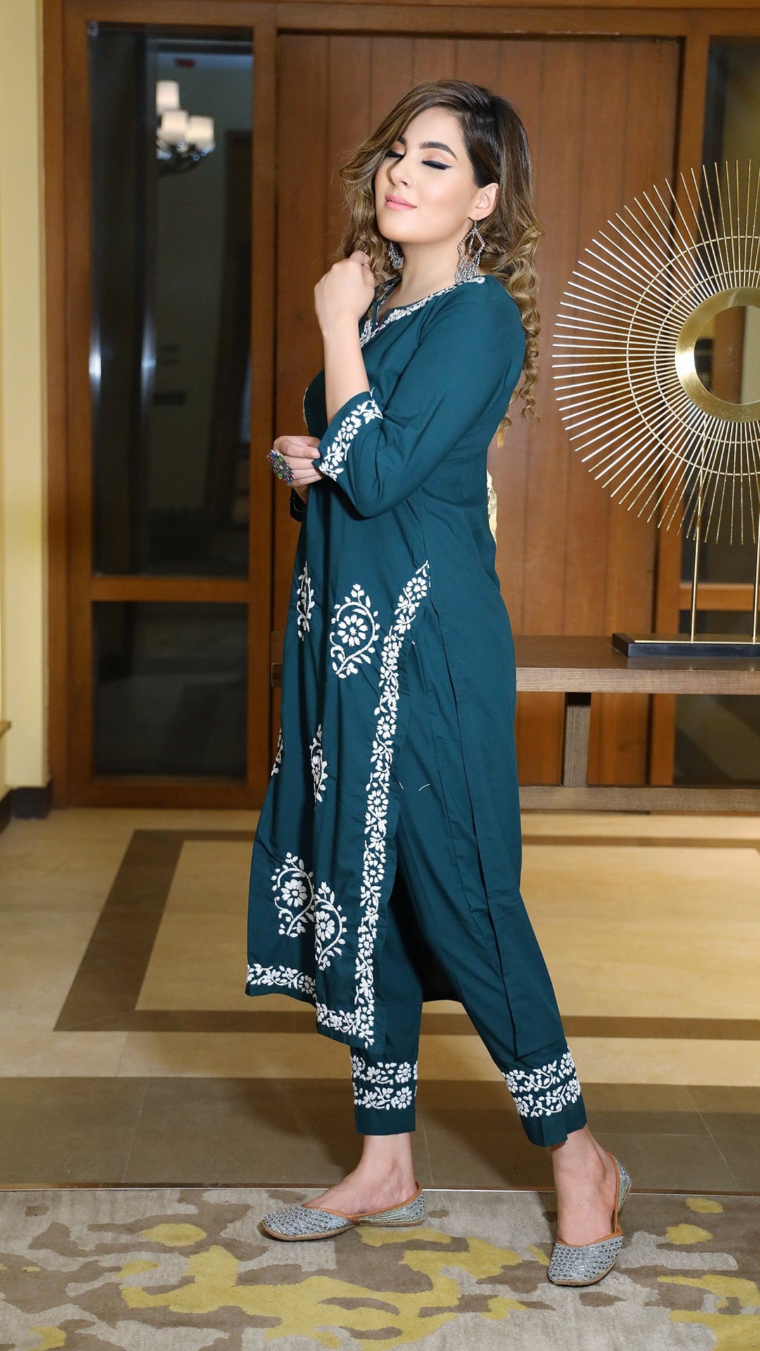 Dark Green Rayon Chikankari Kurta Pant Set