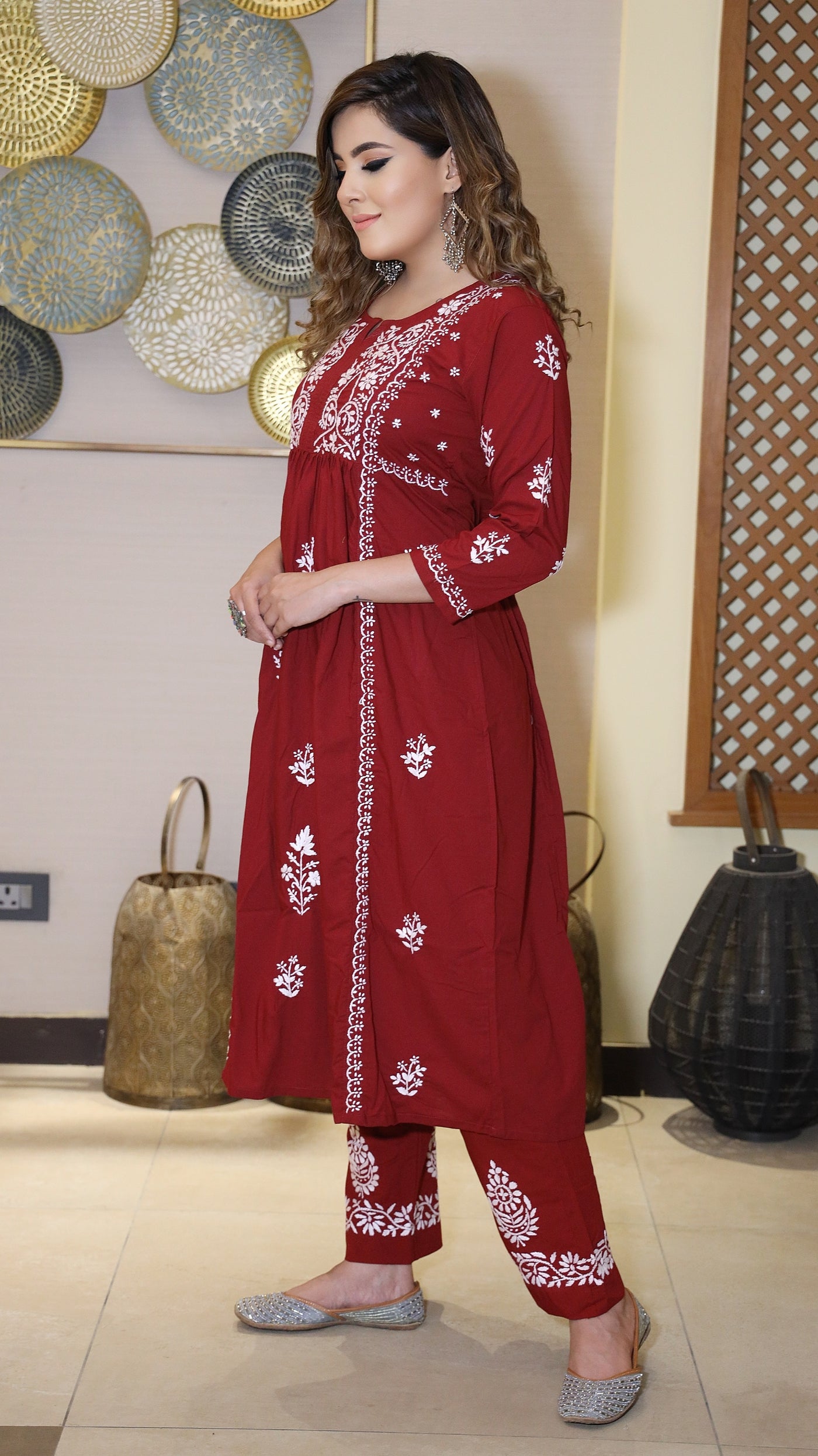 Maroon A-Line Chikankari Kurta Pant Set