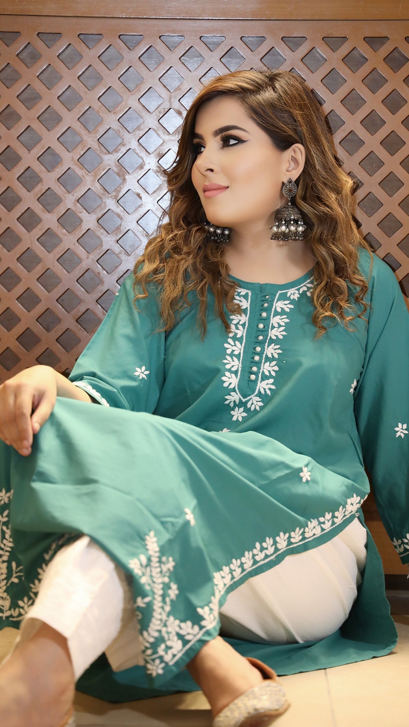 Teal Modal Chikankari kurta