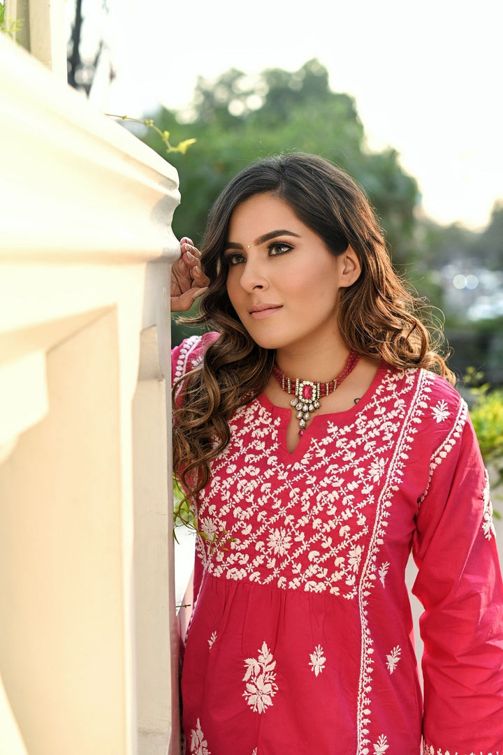 Red Cotton Chikankari Kurta