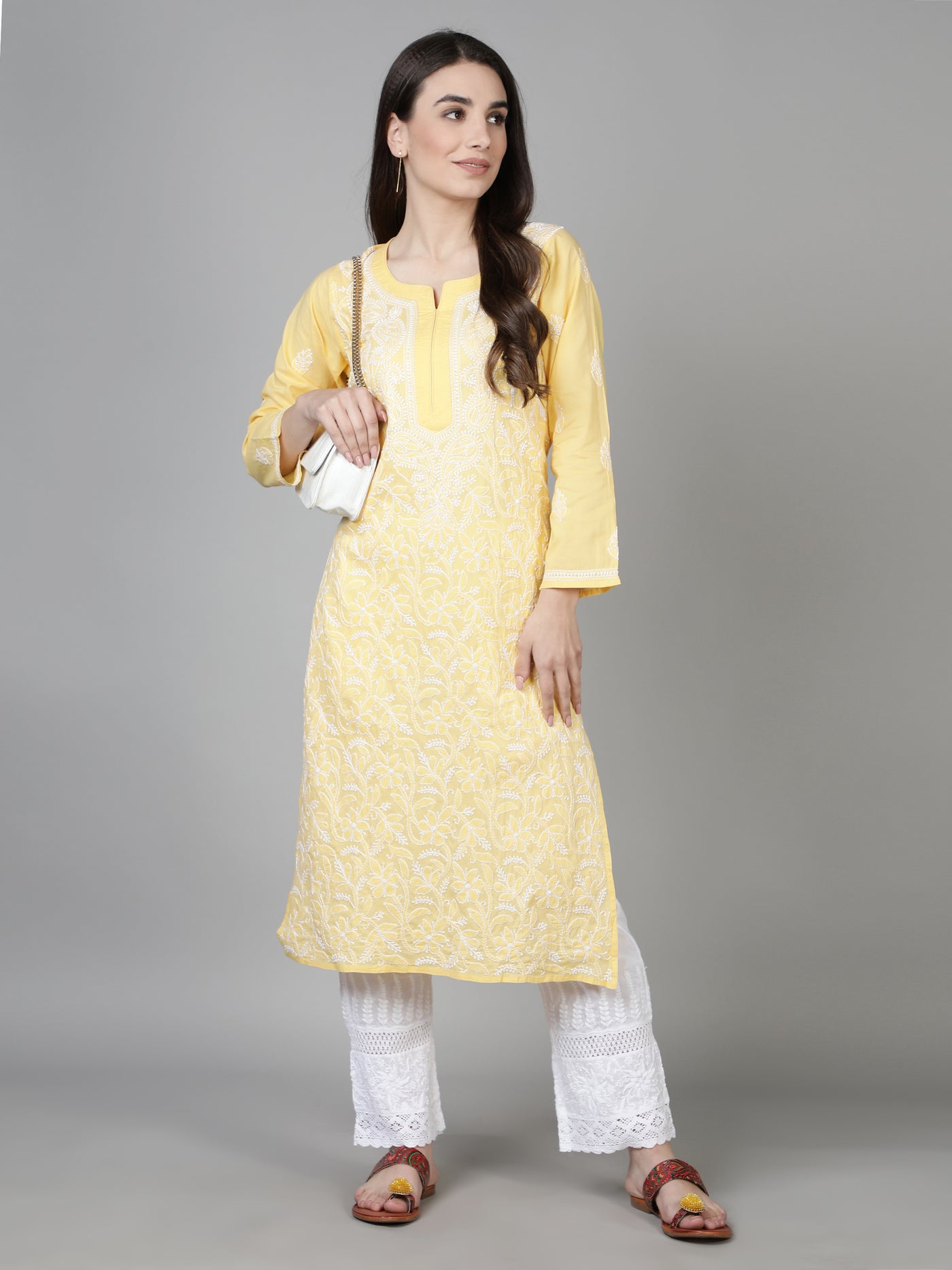 Lemon Yellow Pure Cotton Chikankari kurta