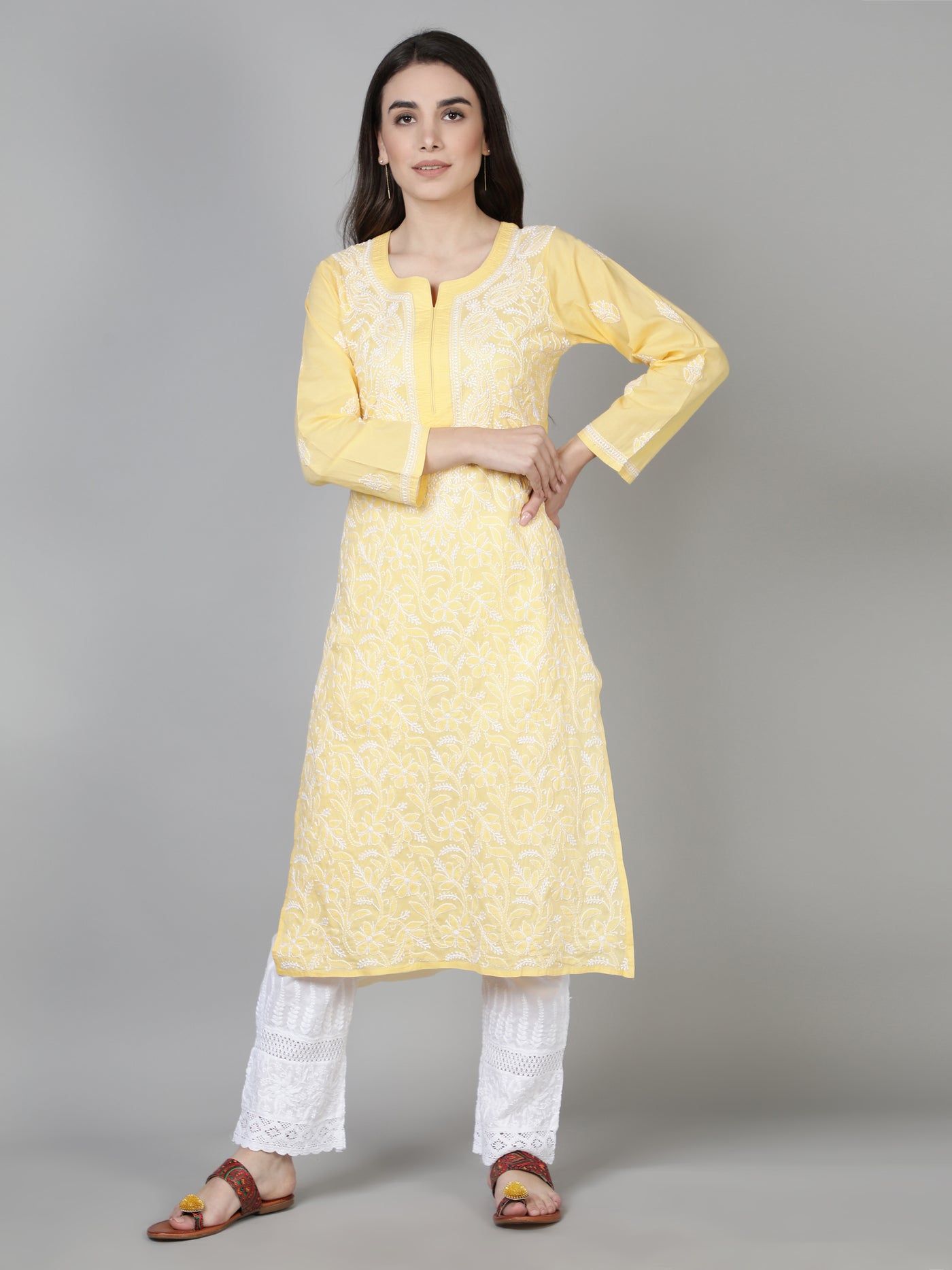 Lemon Yellow Pure Cotton Chikankari kurta