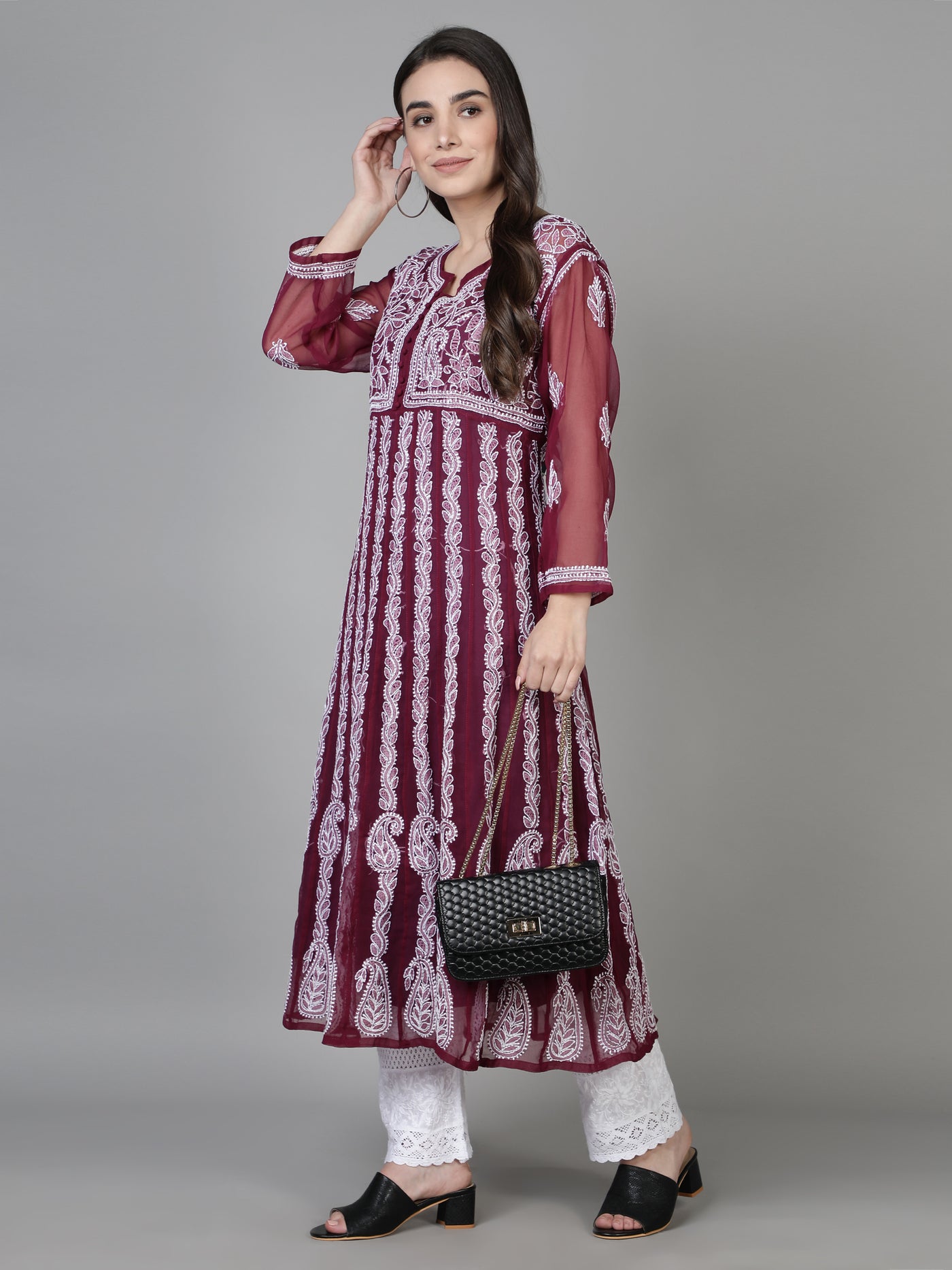 Wine Georgette Chikankari Kurta