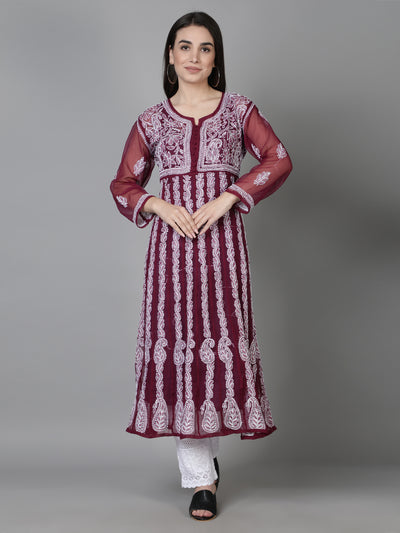 Wine Georgette Chikankari Kurta