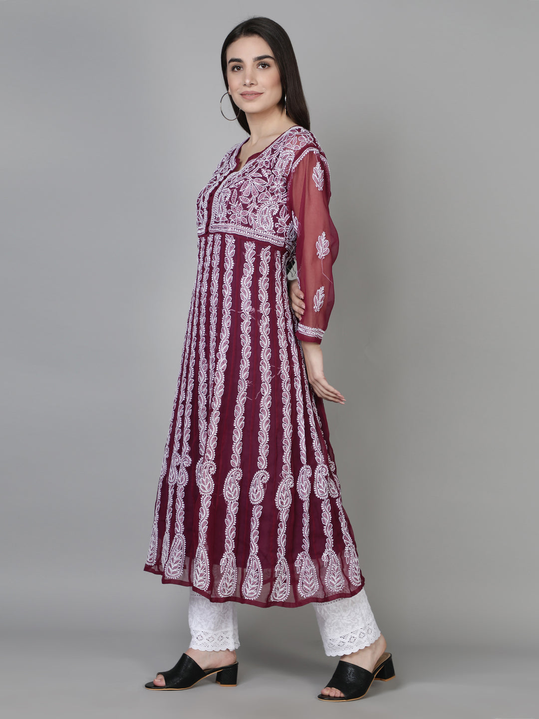 Wine Georgette Chikankari Kurta