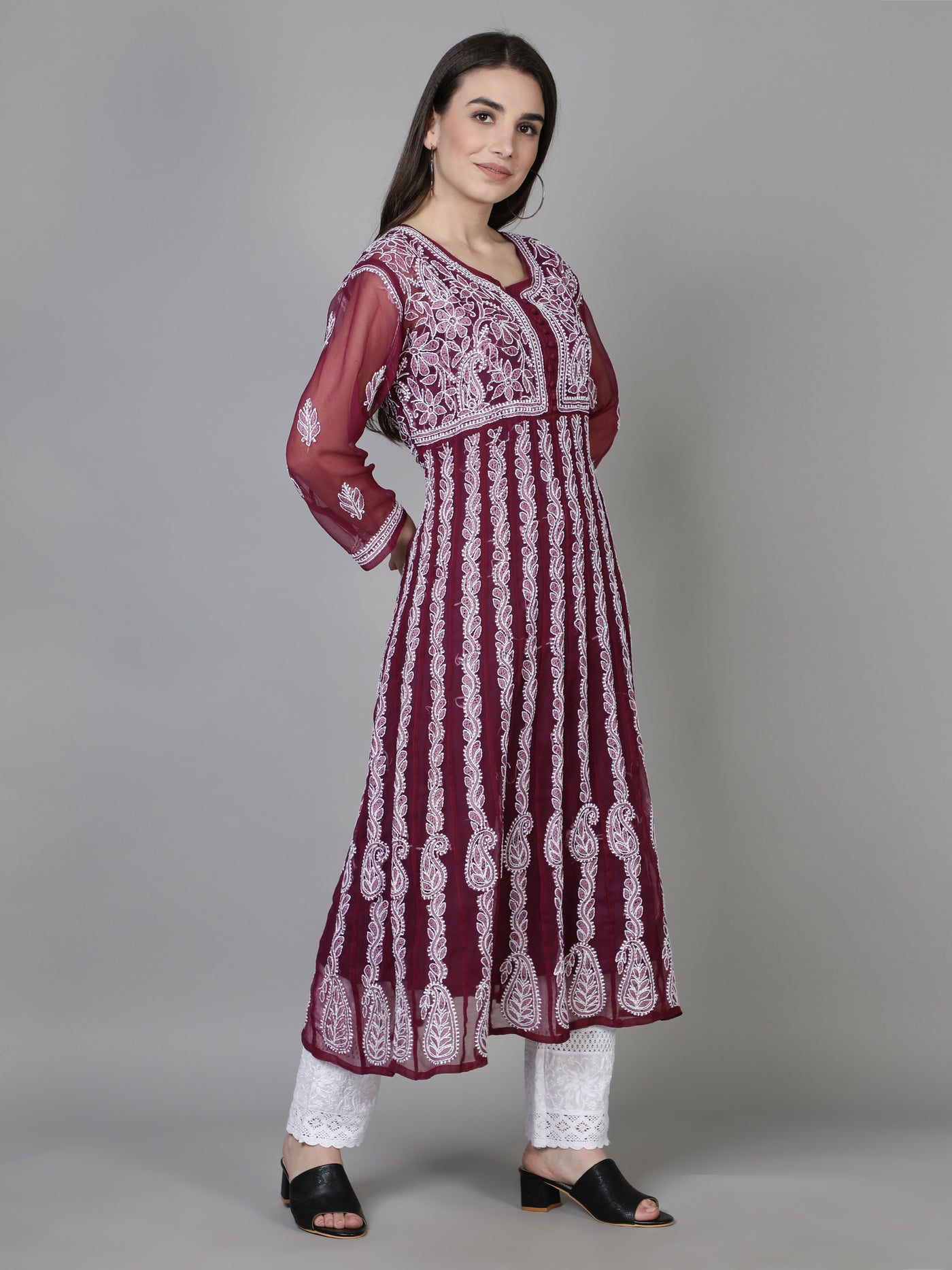 Wine Georgette Chikankari Kurta