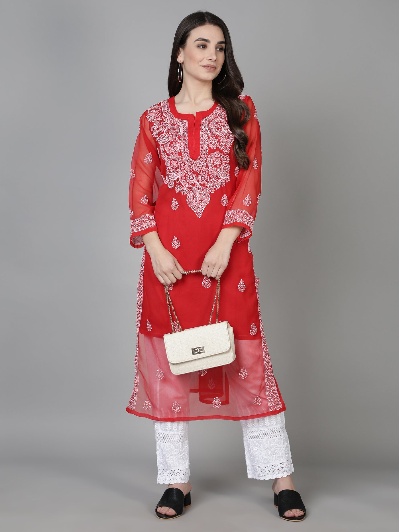 Red Georgette Chikankari Kurta