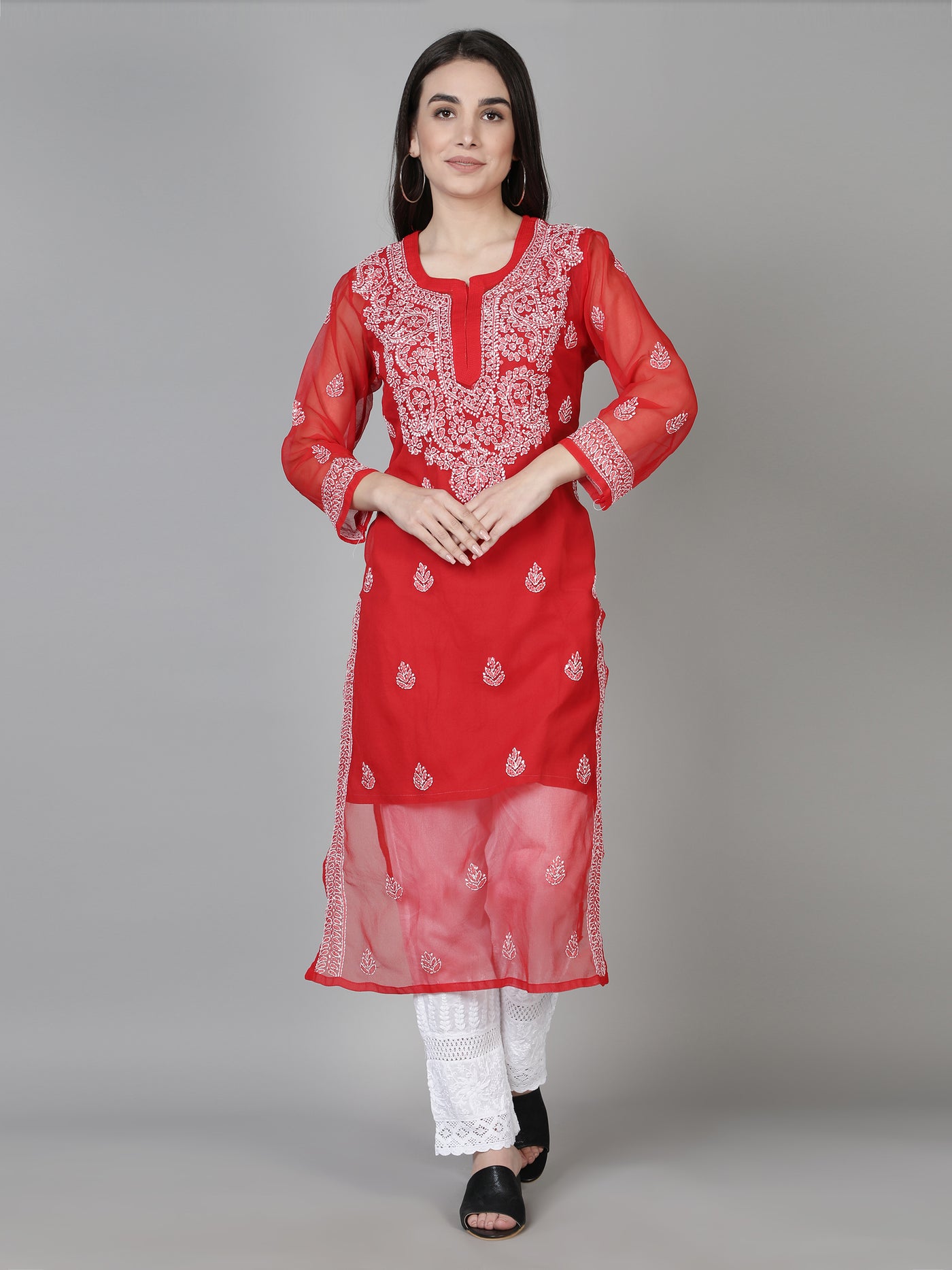 Red Georgette Chikankari Kurta