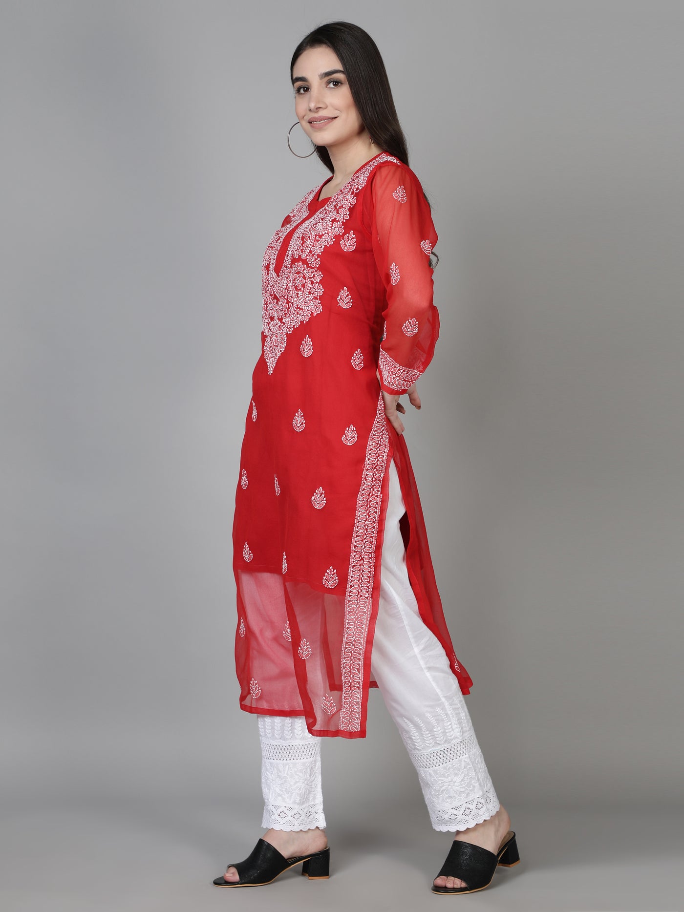 Red Georgette Chikankari Kurta