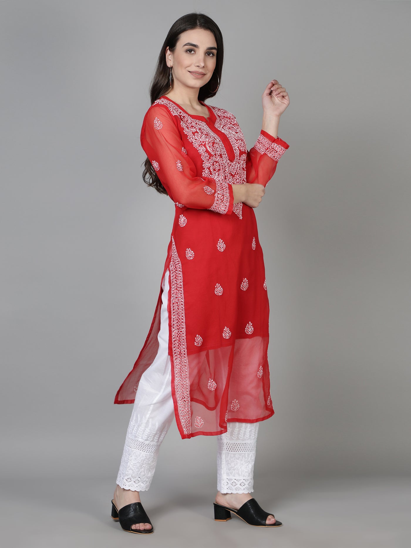 Red Georgette Chikankari Kurta