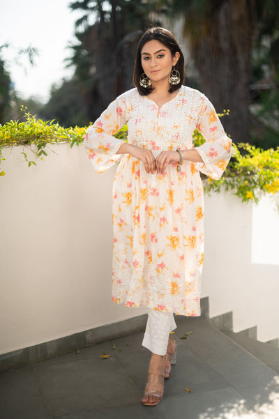 White Printed Cotton A- Line Chikankari Kurta