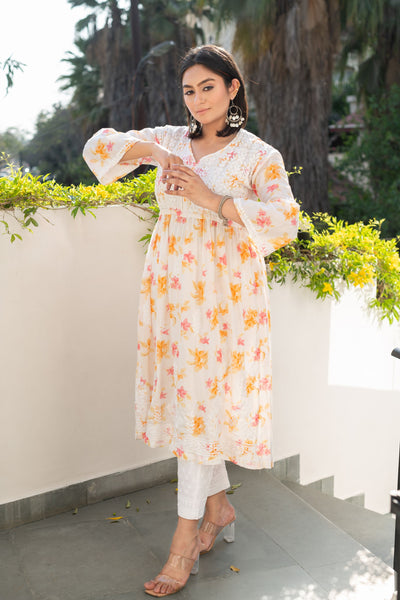 White Printed Cotton A- Line Chikankari Kurta