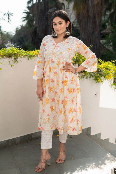 White Printed Cotton A- Line Chikankari Kurta