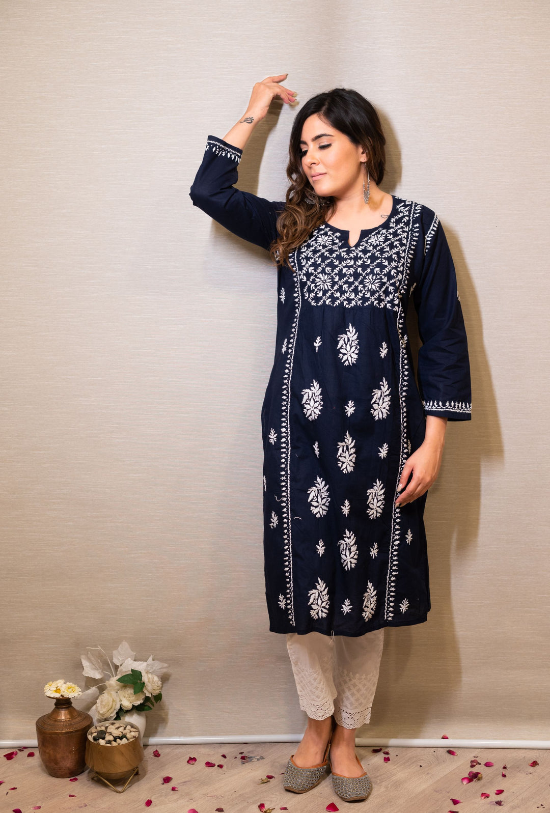 Navy Blue Cotton Chikankari Kurta