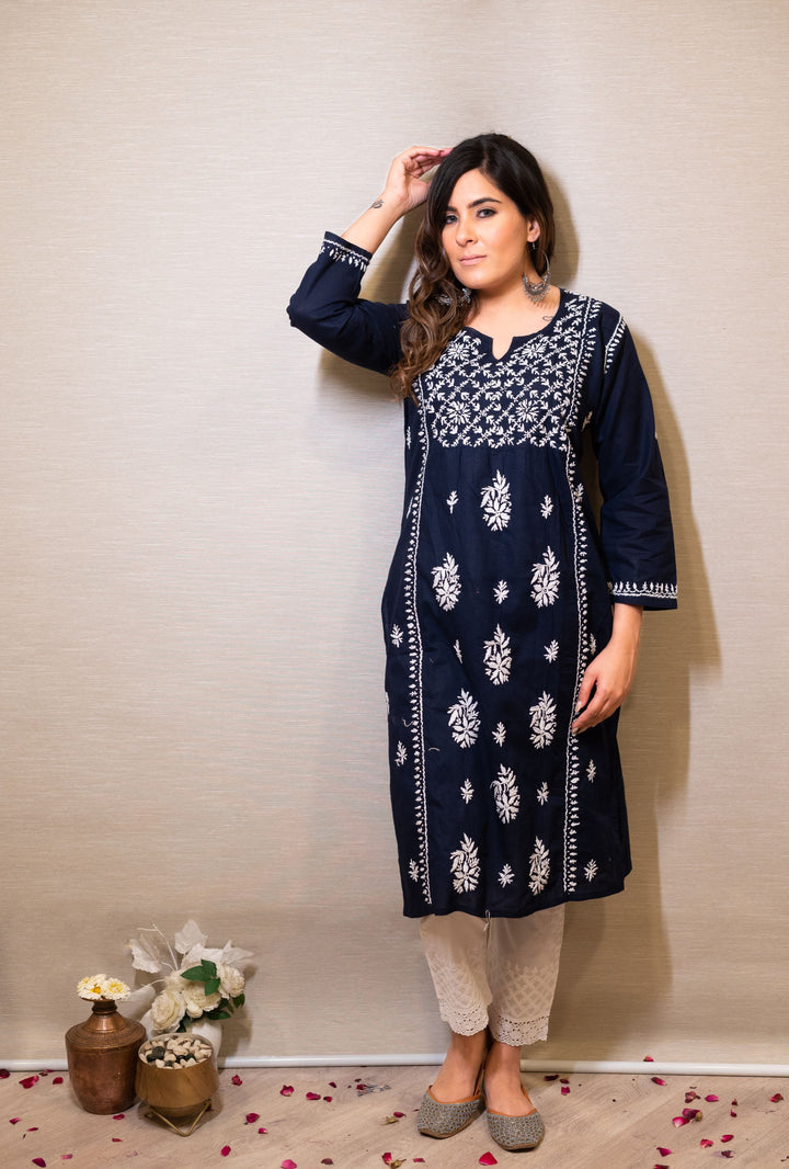 Navy Blue Cotton Chikankari Kurta