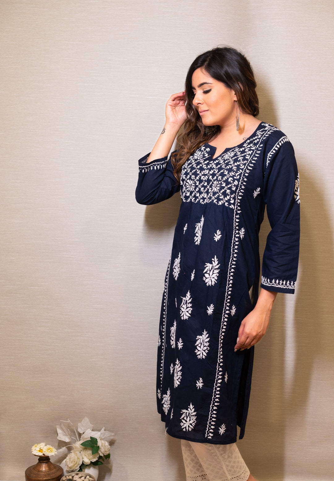 Navy Blue Cotton Chikankari Kurta