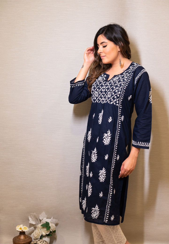 Navy Blue Cotton Chikankari Kurta