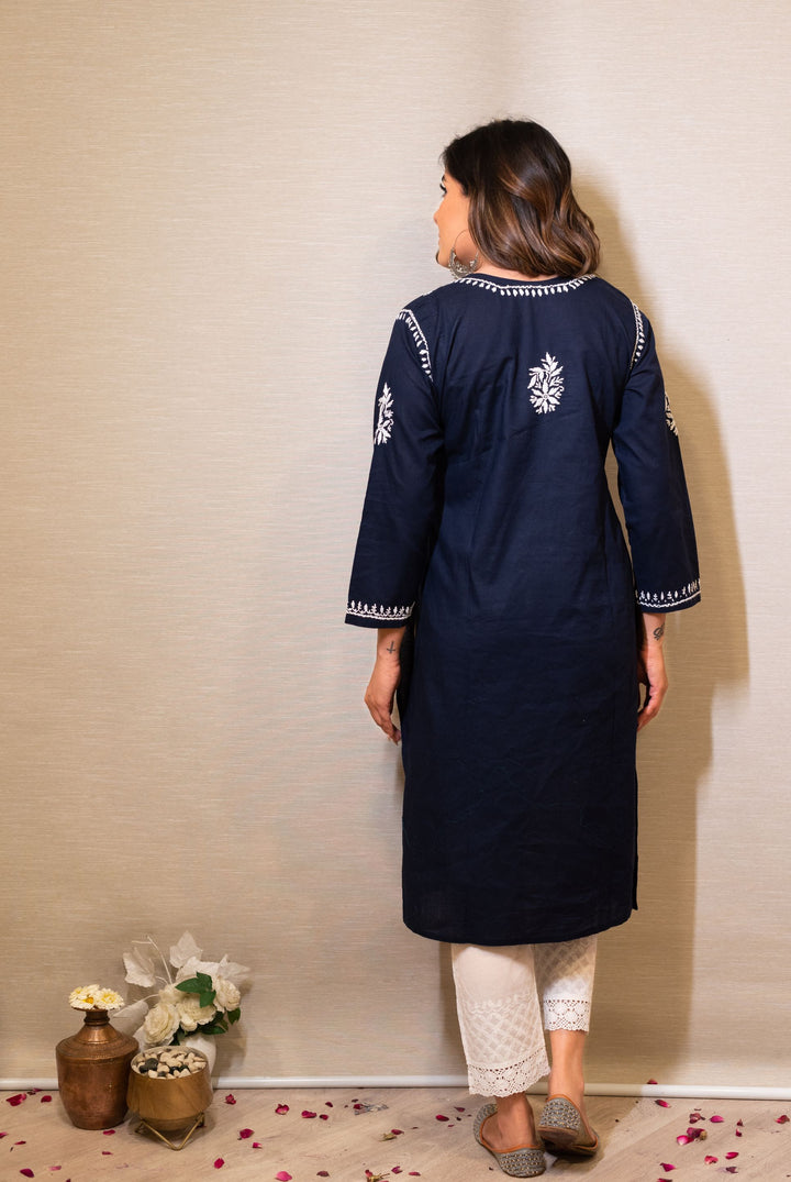 Navy Blue Cotton Chikankari Kurta