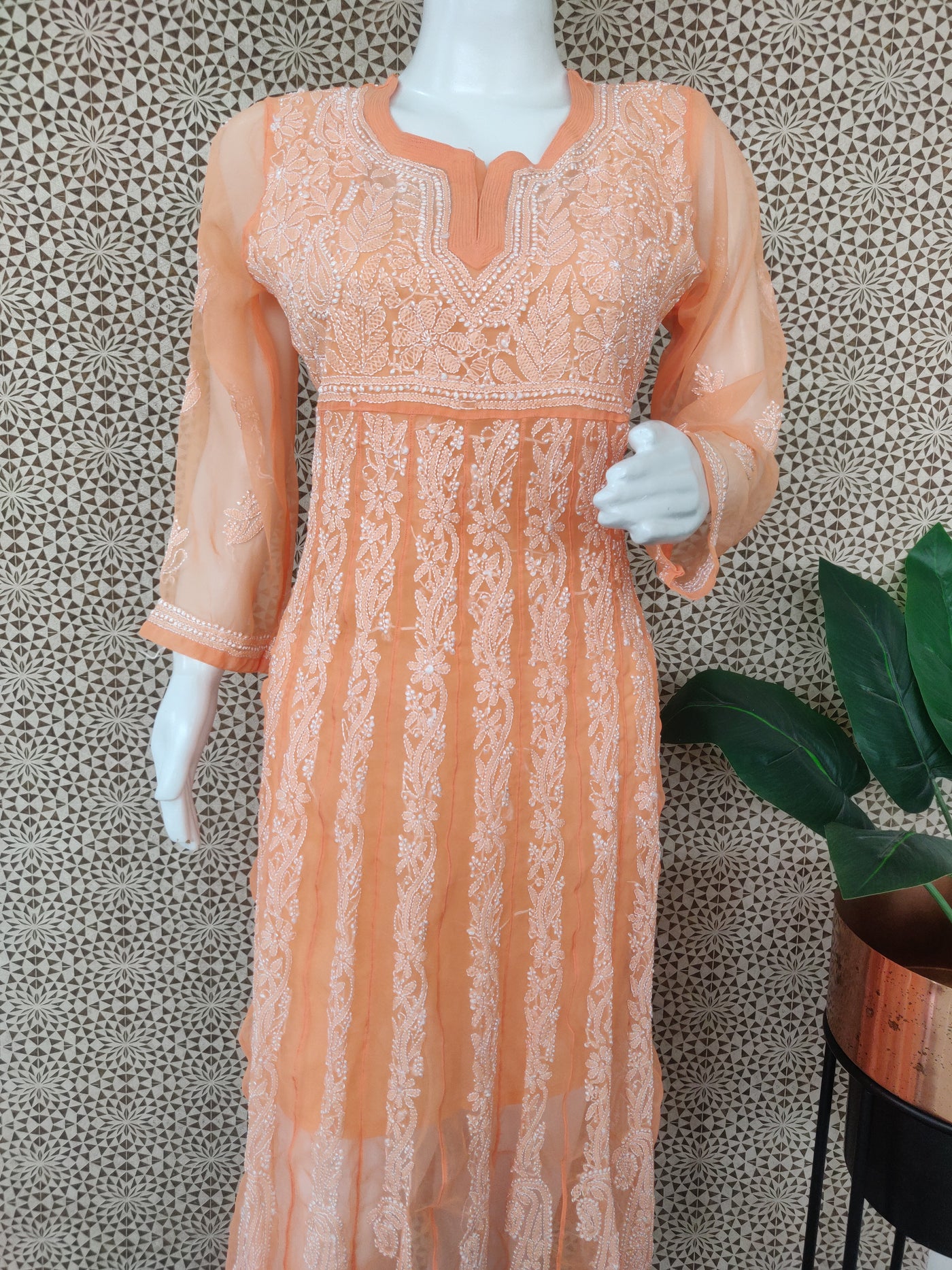 Light orange georgettechikankari anarkali kurta