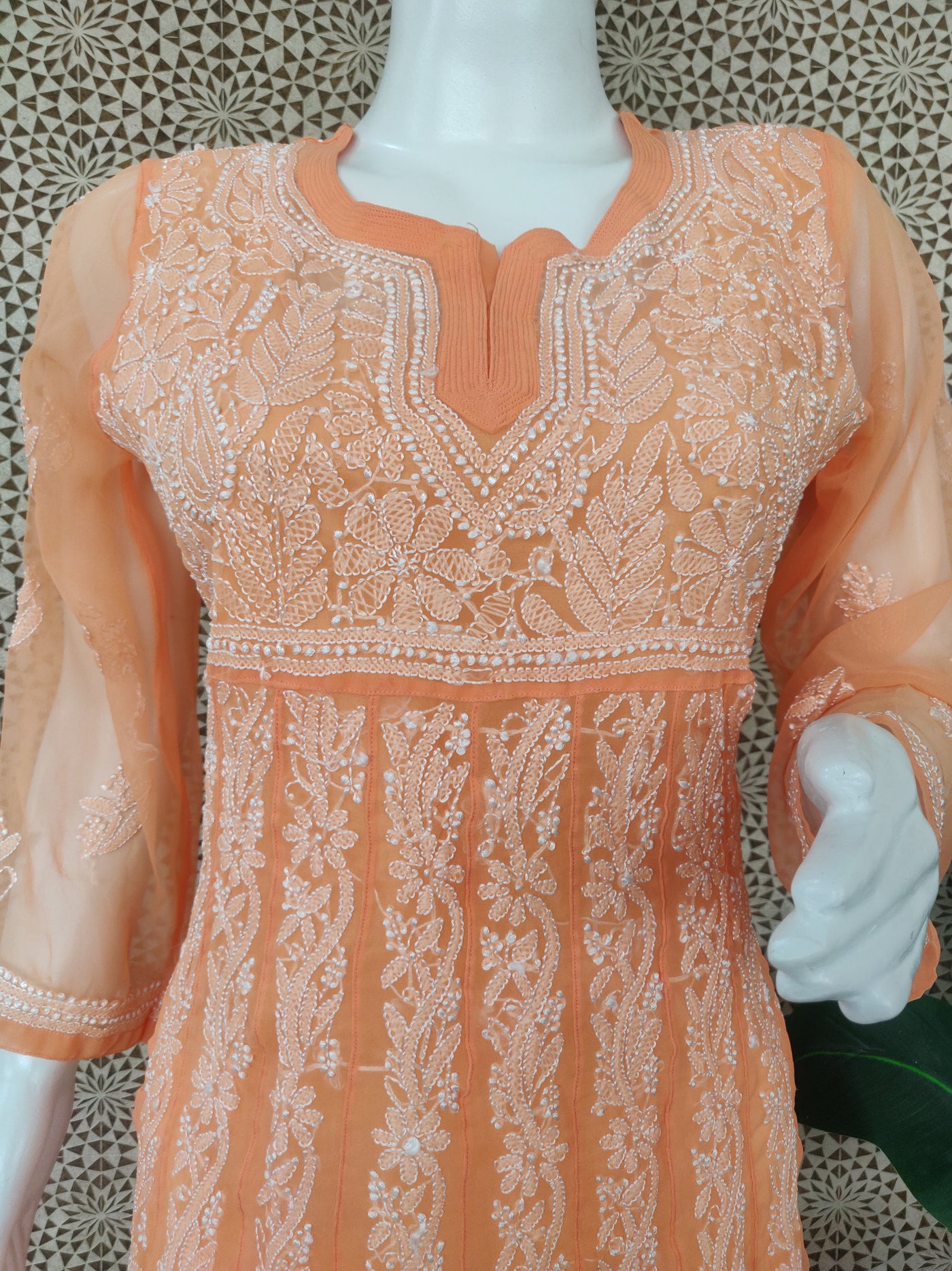 Light orange georgettechikankari anarkali kurta