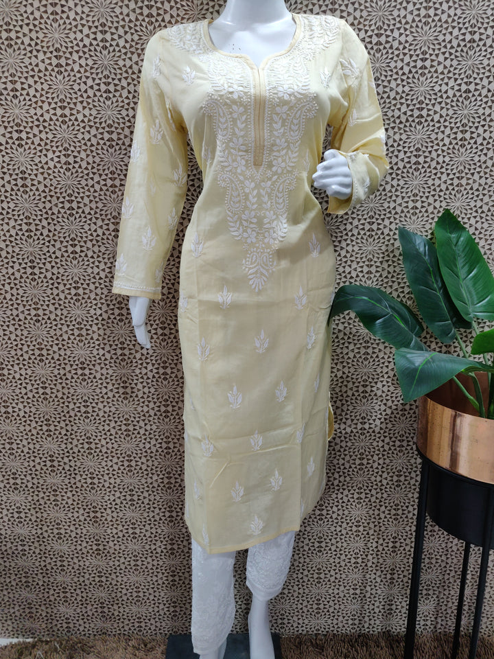 Lemon yellow cotton chikankari kurta