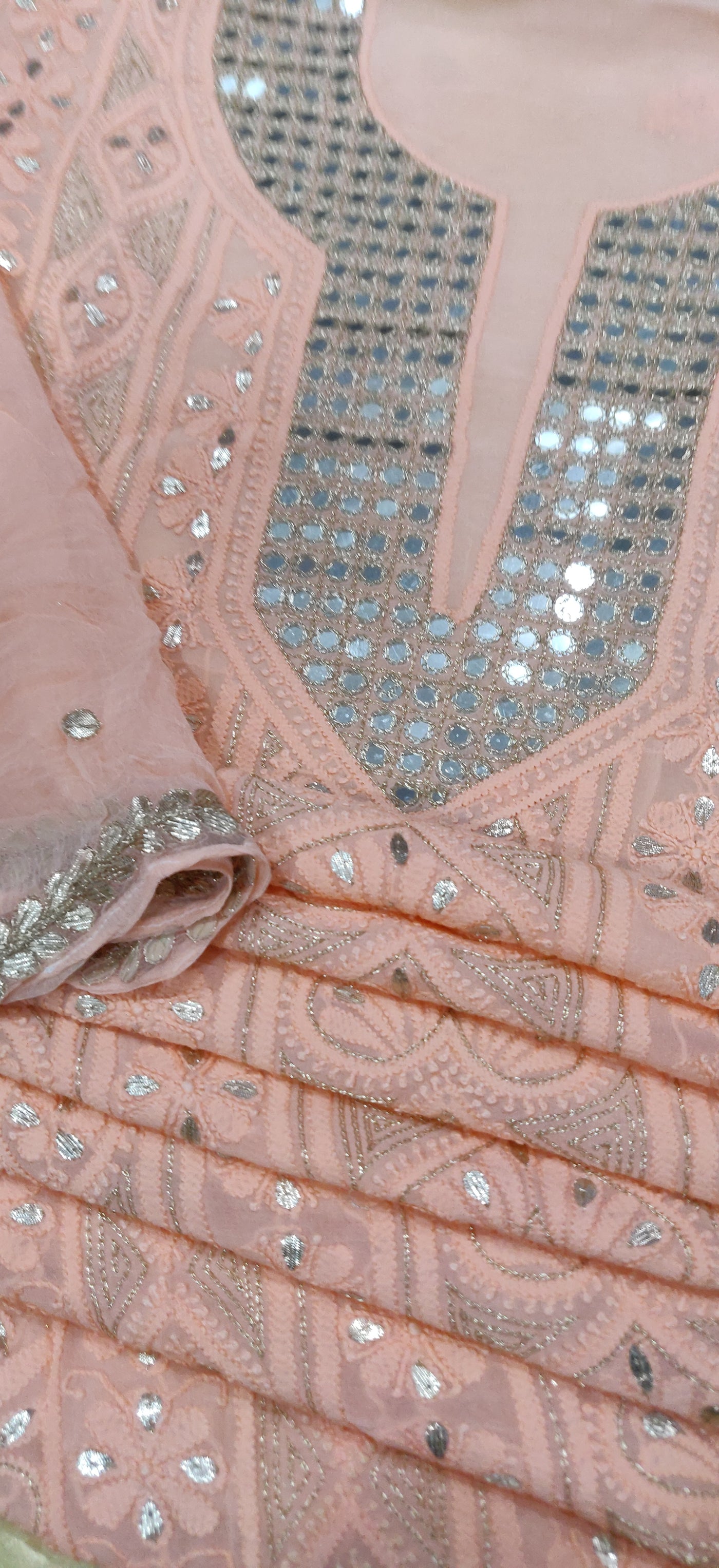 Peach Pure georgette Chikankari kurta dupatta Fabric