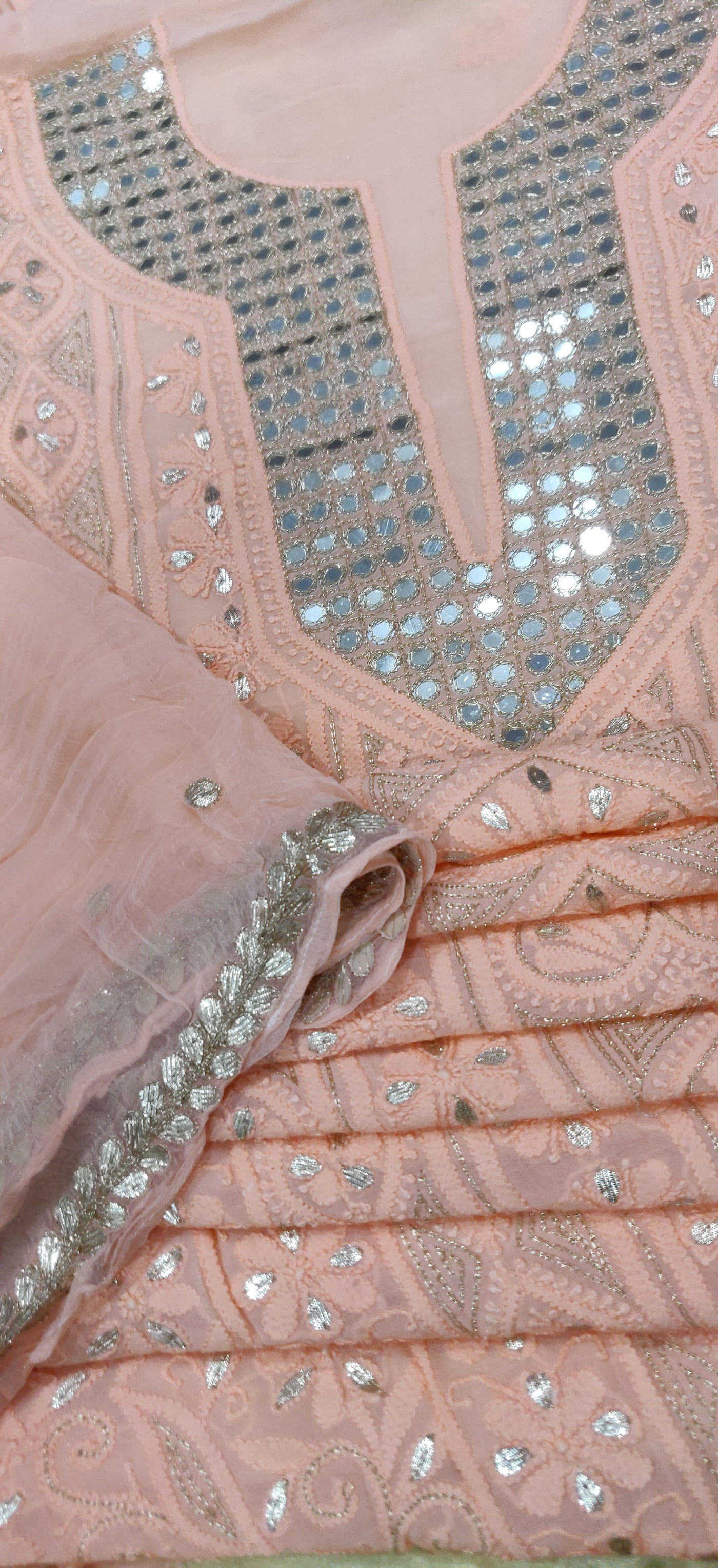 Peach Pure georgette Chikankari kurta dupatta Fabric