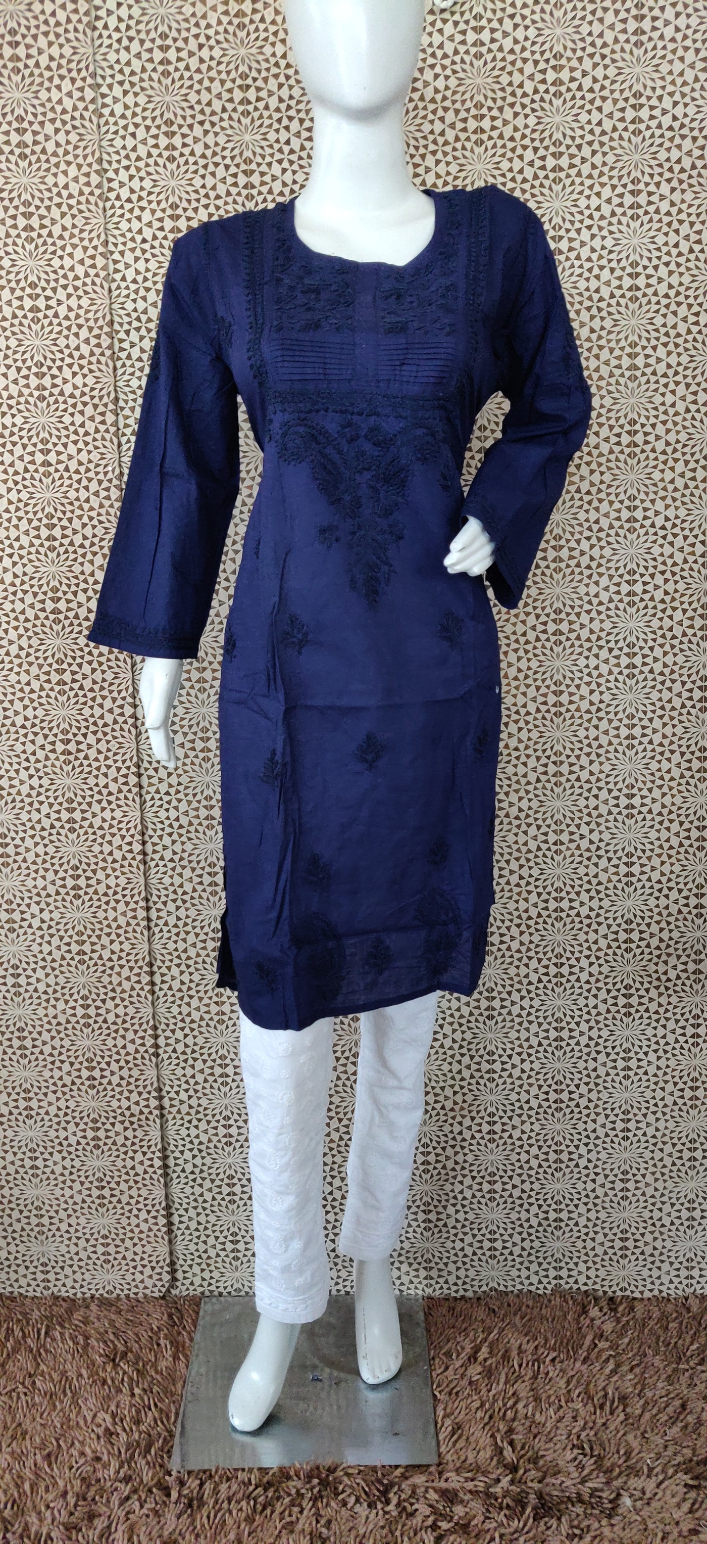 Navy blue cotton chikankari kurta