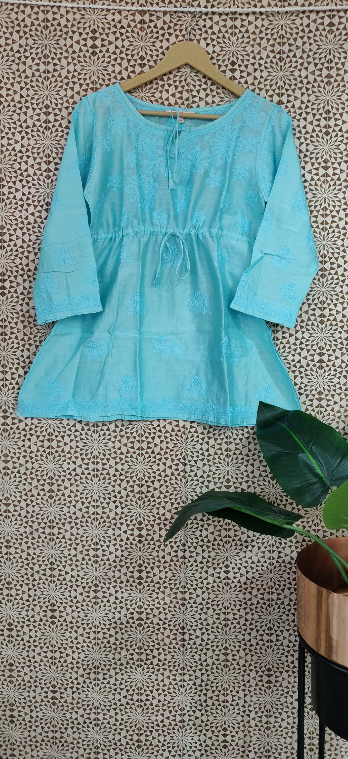 Light blue chanderi cotton chikankari Short Kurta