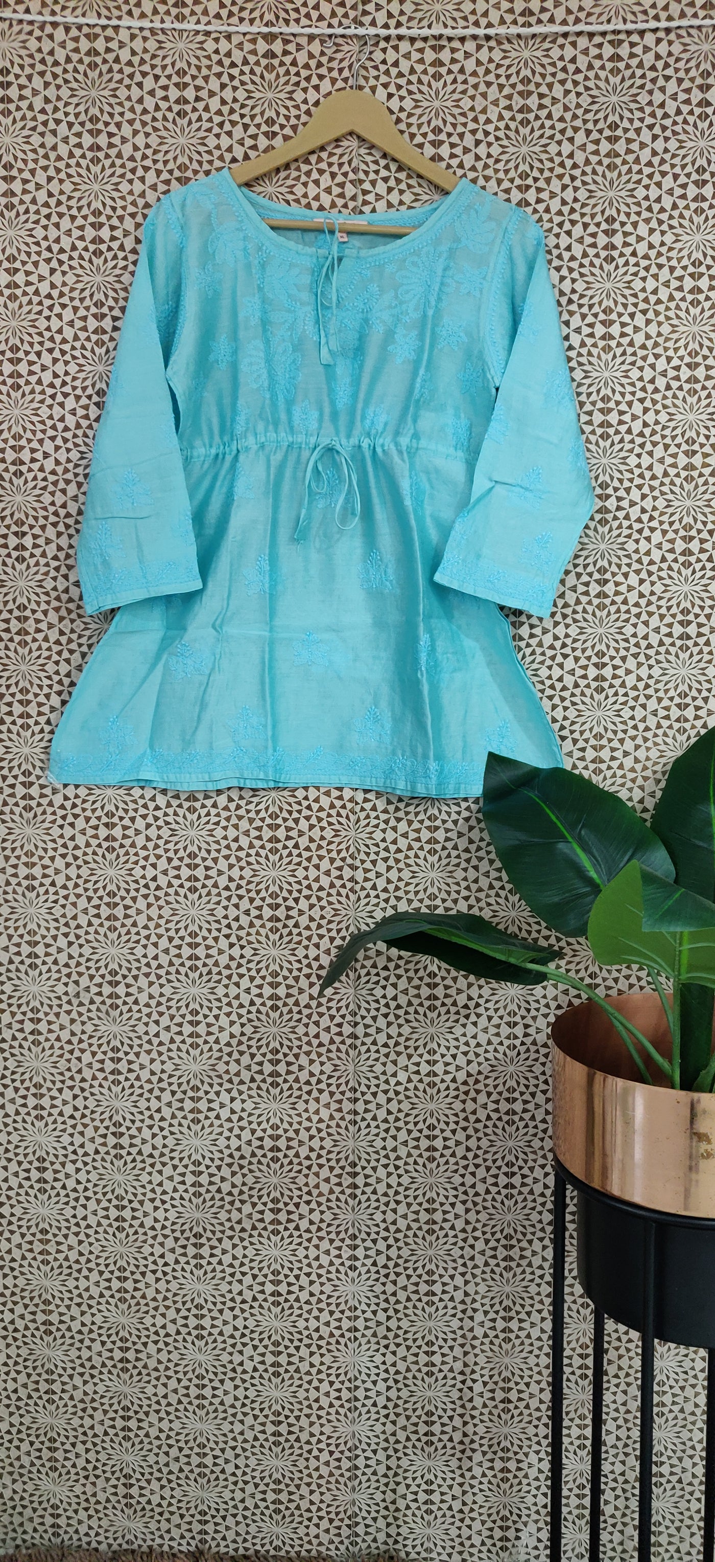 Light blue chanderi cotton chikankari Short Kurta