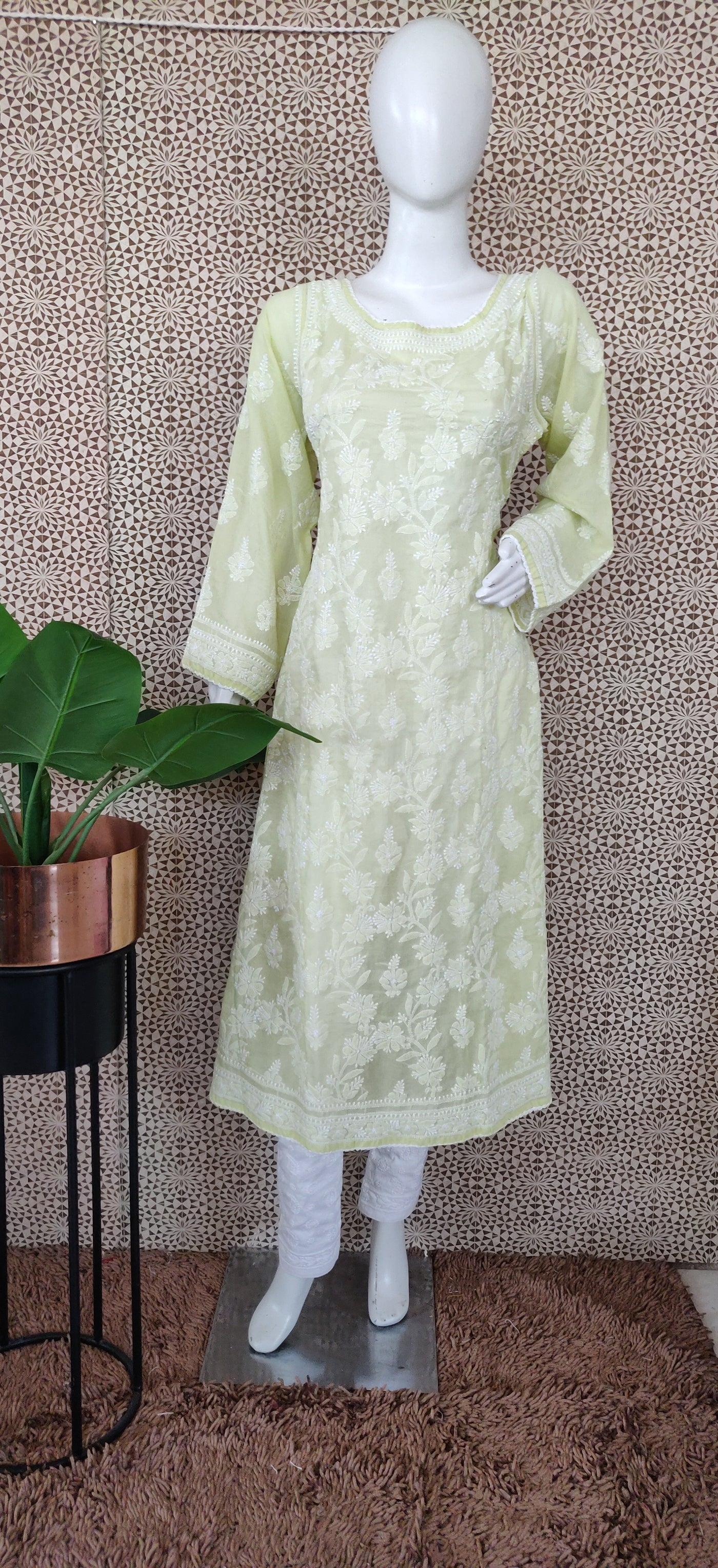 Light green A line  mul cotton chikankari kurta