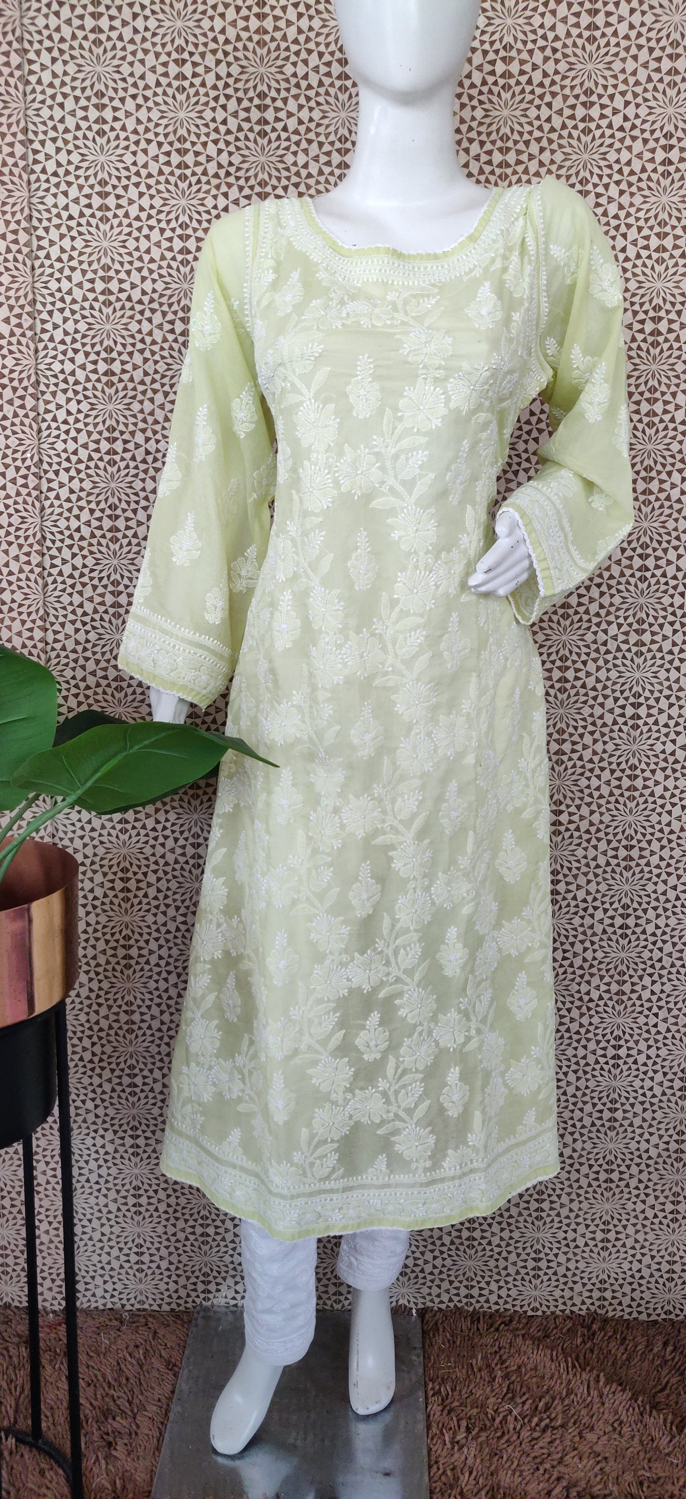 Light green A line  mul cotton chikankari kurta