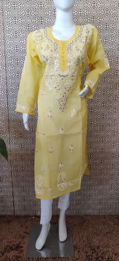 Yellow voile cotton chikankari kurta