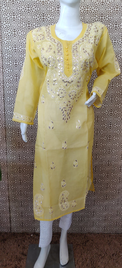 Yellow voile cotton chikankari kurta